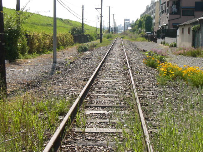 杉本町に向かって、堤防沿いを西に走る阪和貨物線跡